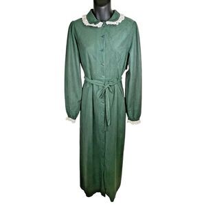 Vintage Lanz of Salzburg Green Flannel Lace Belted Long Nightgown NWT Size Small